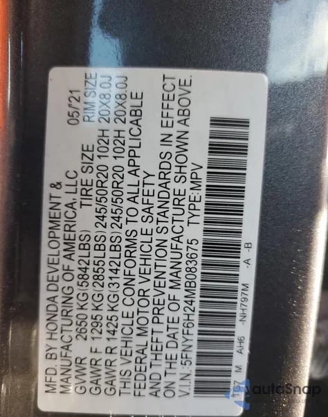 2021 Honda Pilot Se из США, поврежденный, VIN 5FNYF6H24MB083675